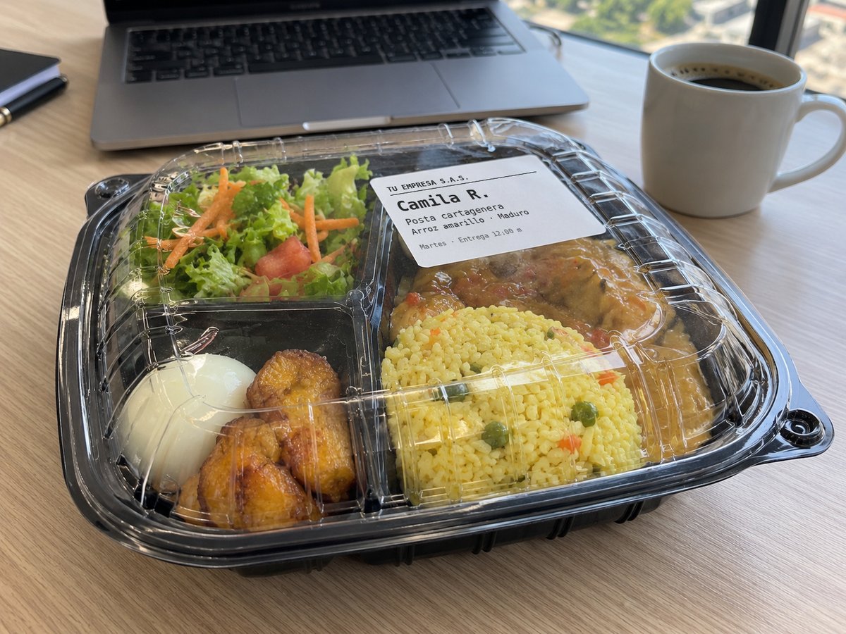 Almuerzo de Alabama en caja negra de tres compartimentos sobre un escritorio de oficina, con etiqueta impresa a nombre de Camila R. de Tu Empresa S.A.S.